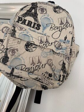 Paris Print Beige Canvas Backpack – Stylish Women’s Daypack